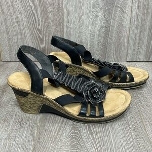 Rieker Antistress Black Leather Strappy Wedge Sandal Zipper Rosette 41 (US 9)